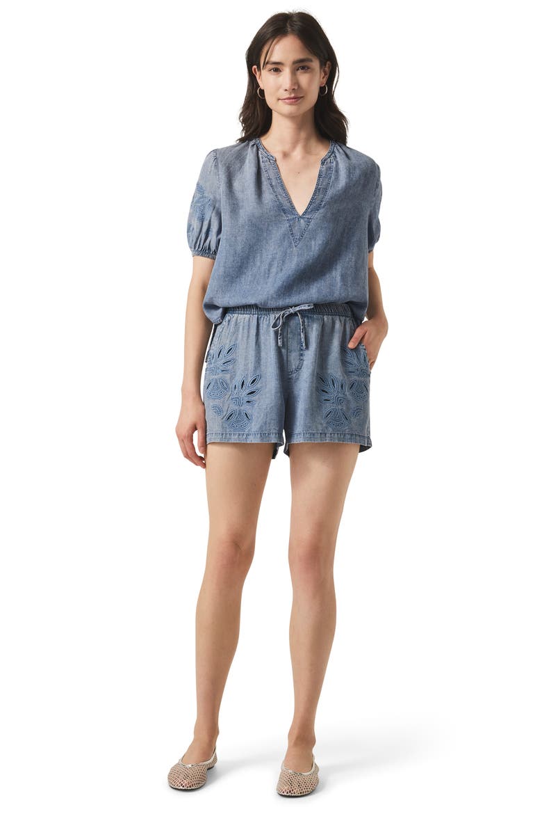Cayden Embroidered Chambray Drawstring Shorts, Alternate, color, INDIGO
