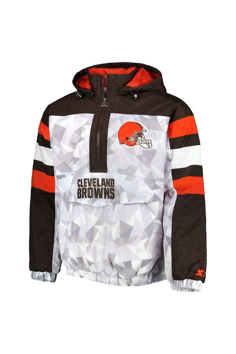 Men's Starter White/Brown Cleveland Browns Thursday Night Gridiron Raglan Half-Zip Hooded Jacket, Alternate, color, White
