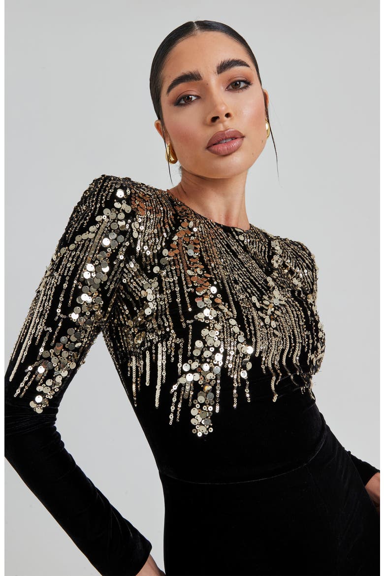 Katarina Sequin Long Sleeve Velvet Jumpsuit, Alternate, color, BLACK
