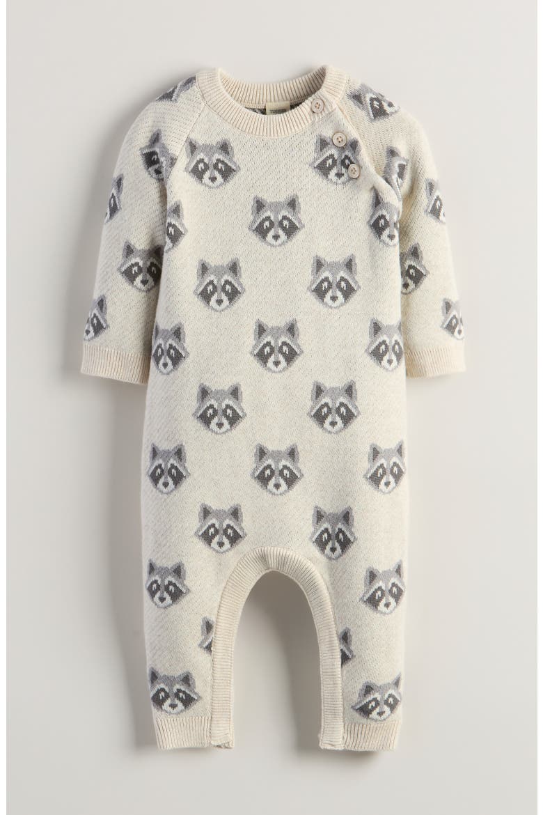 Raccoon Jacquard Cotton Sweater Romper, Main, color, BEIGE HEATHER RACCOON INTARSIA