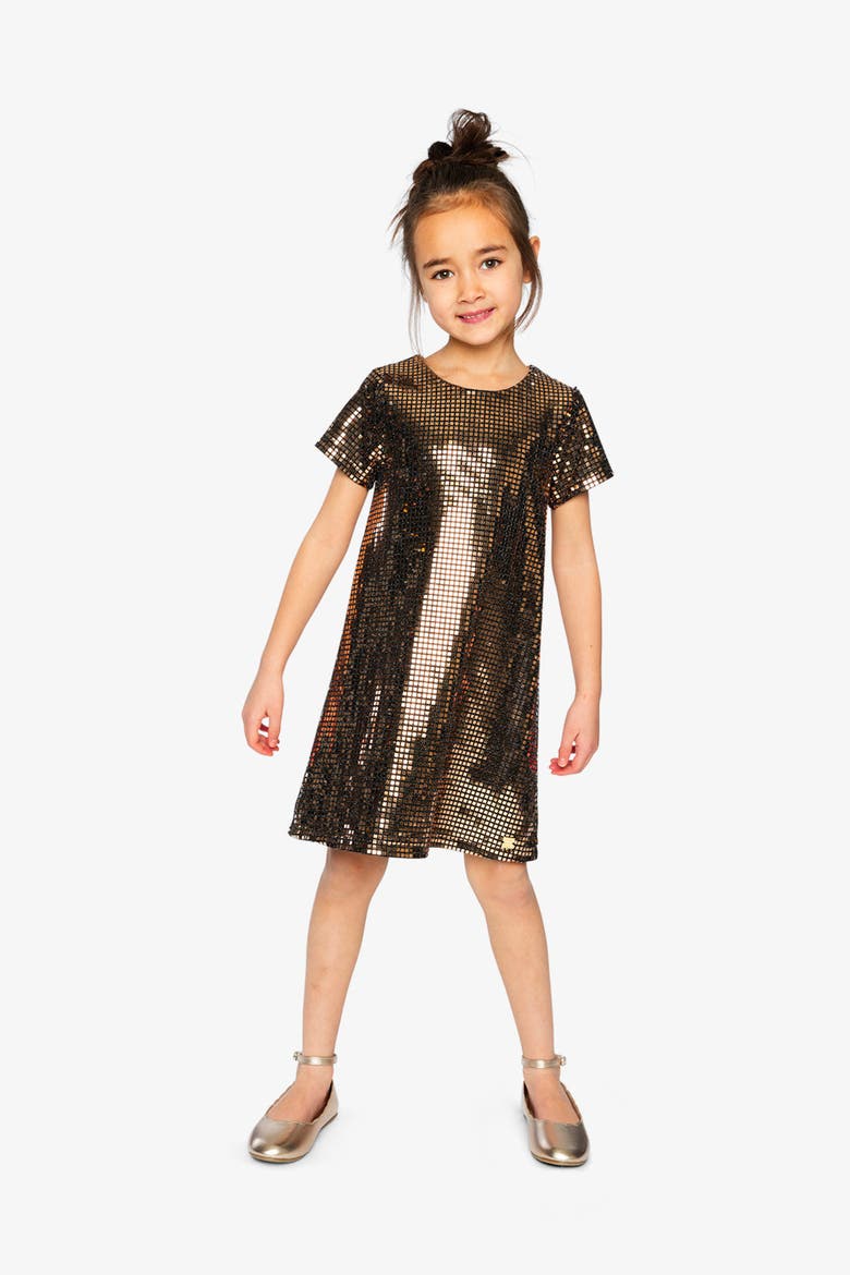 Short Sleeve A-Line Lurex Jersey Shimmer Dress, Alternate, color, Beige
