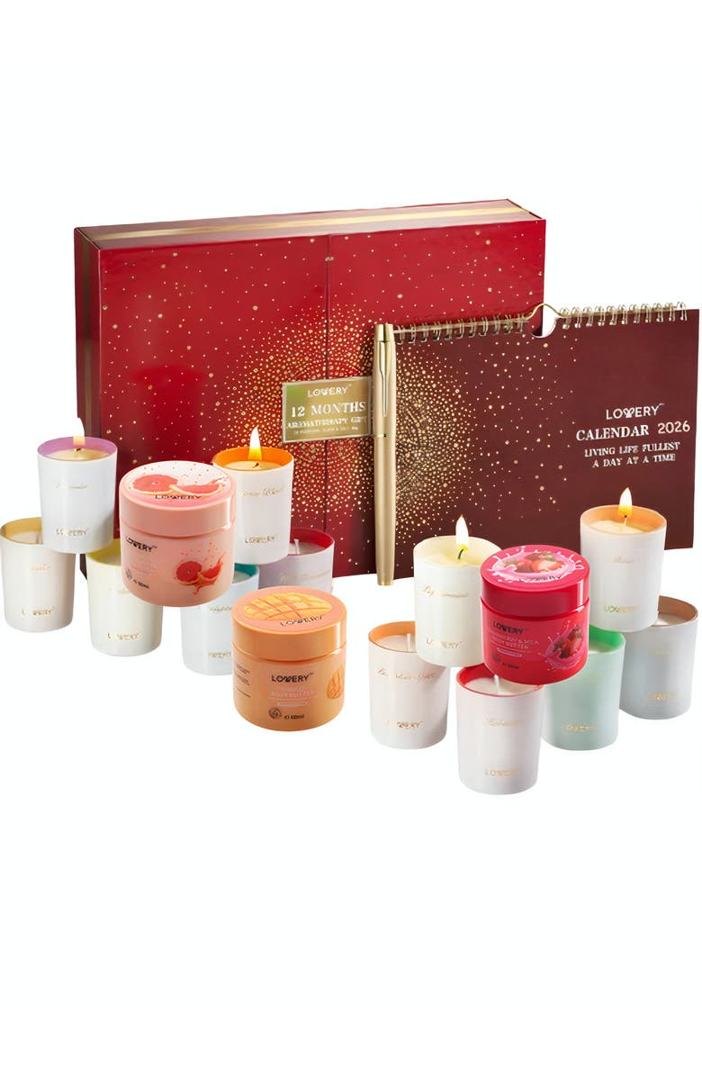 Lovery Scented Soy Candle Advent Calendar and Whipped Body Butter Gift Set, Main, color, Red