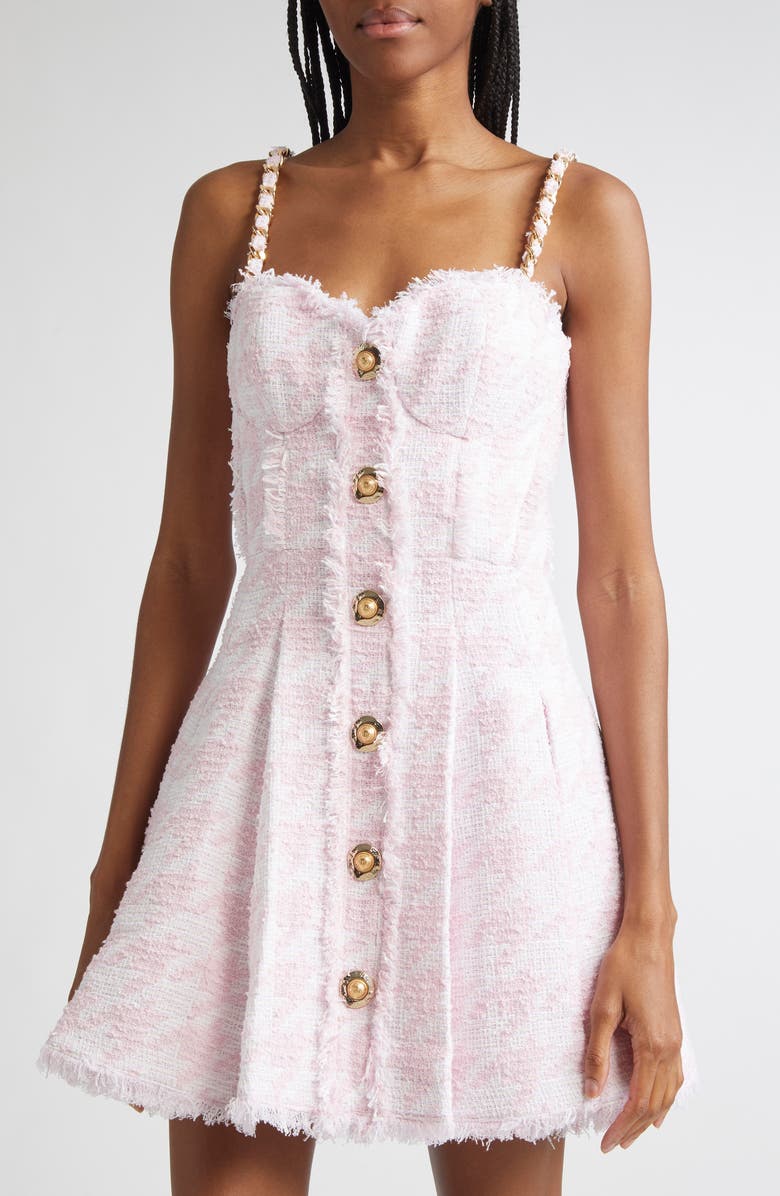 Balmain Chain Strap Tweed Fit & Flare Dress, Alternate, color, Off White/ Pink Beige