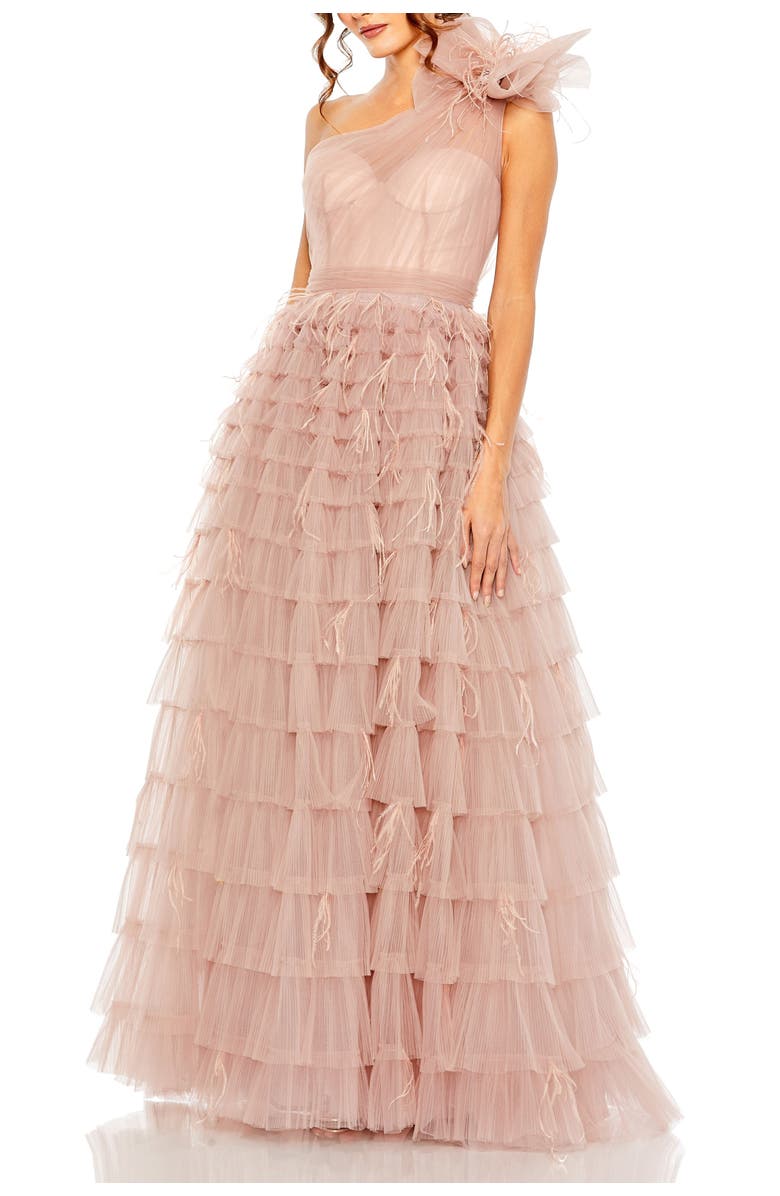 Mac Duggal One Shoulder Faux Bow Feather Tiered A Line Gown, Main, color, Dusty Rose