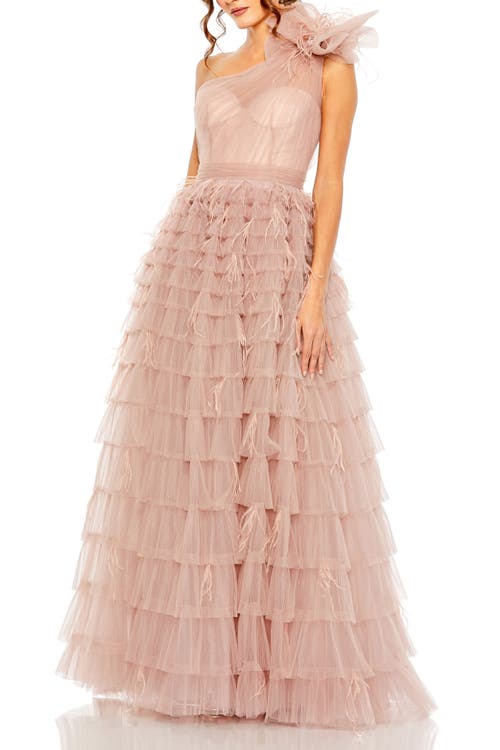 Mac Duggal One Shoulder Faux Bow Feather Tiered A Line Gown In Dusty Rose