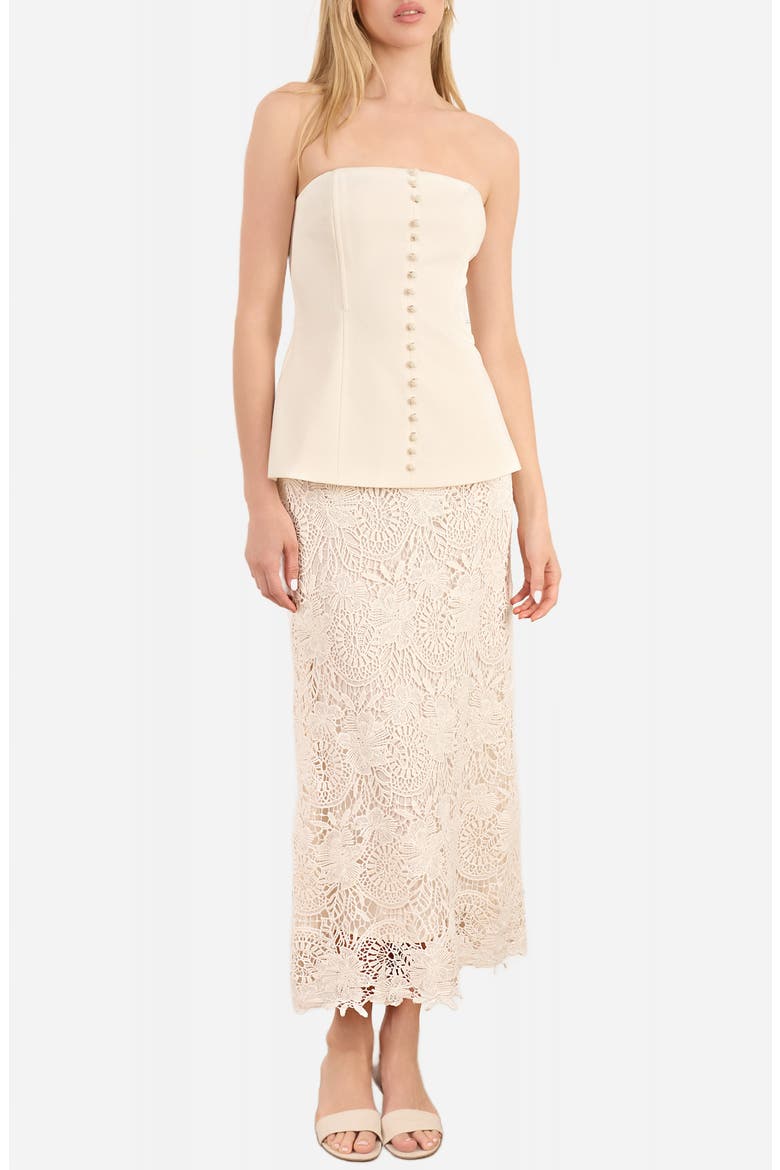 Imogene Strapless Mixed Media Dress, Main, color, MACADAMIA