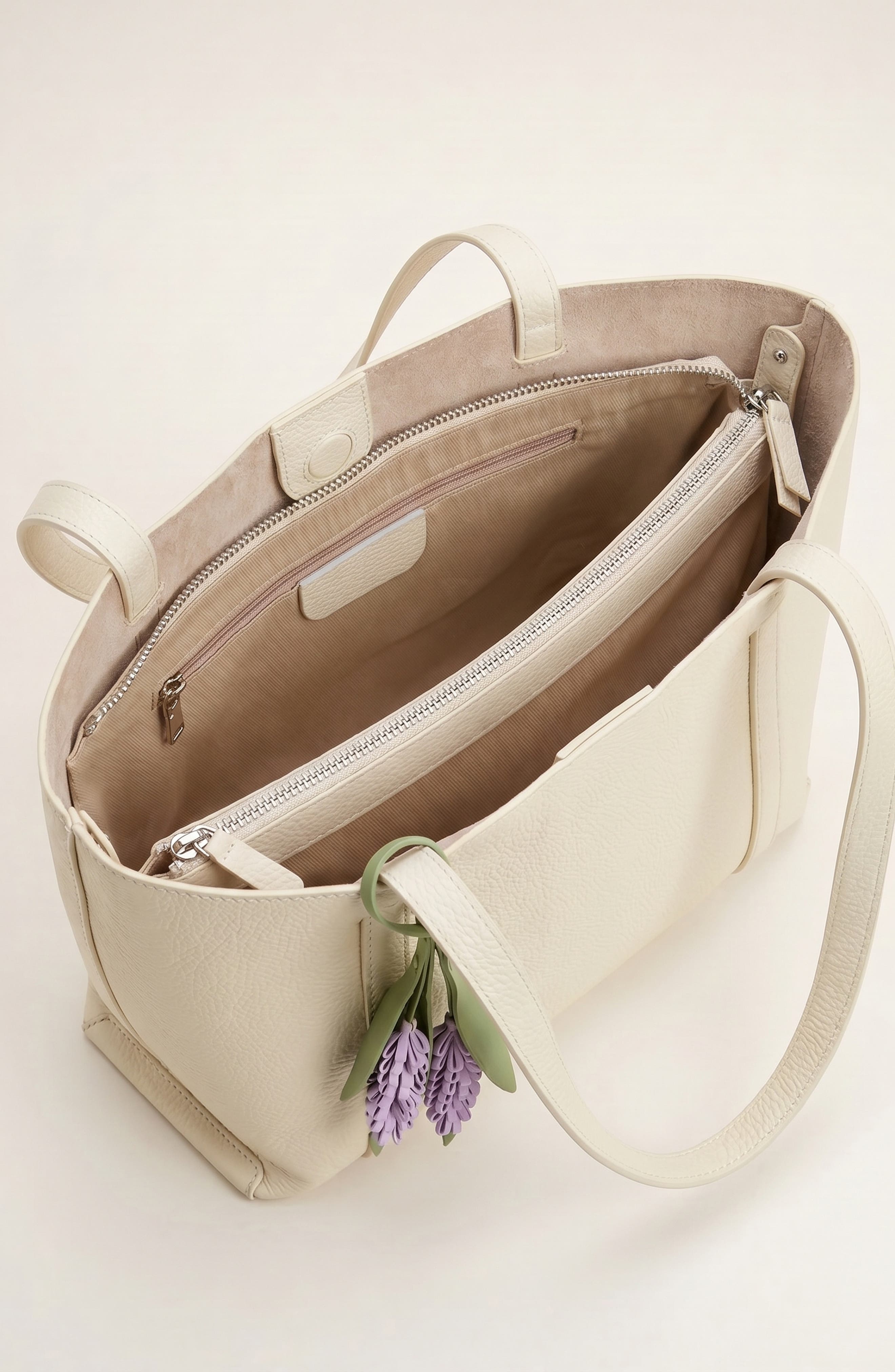 Pebbled Leather Tote Bag with Removable Pouch and Charm, Alternate, color, Cream