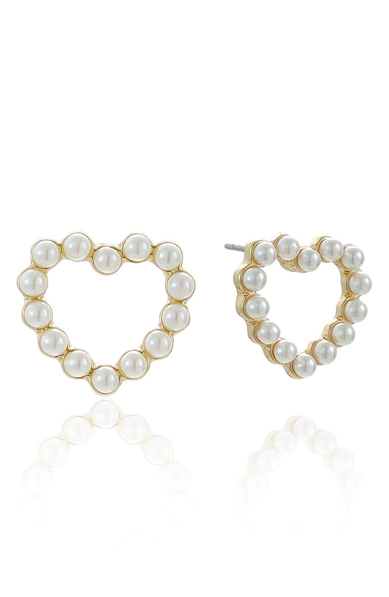 Ettika Faux Pearl Heart Stud Earrings, Main, color, Gold/ White