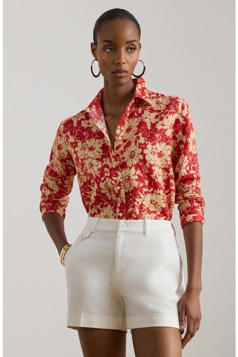 Floral Linen Button-Up Shirt, Alternate, color, RED/ BEIGE