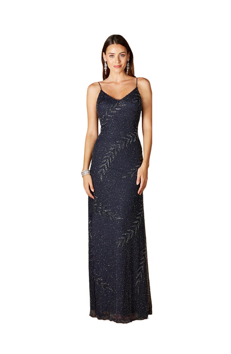 LARA New York Beaded Spaghetti Strap Navy Full-Length Gown, Alternate, color, Navy