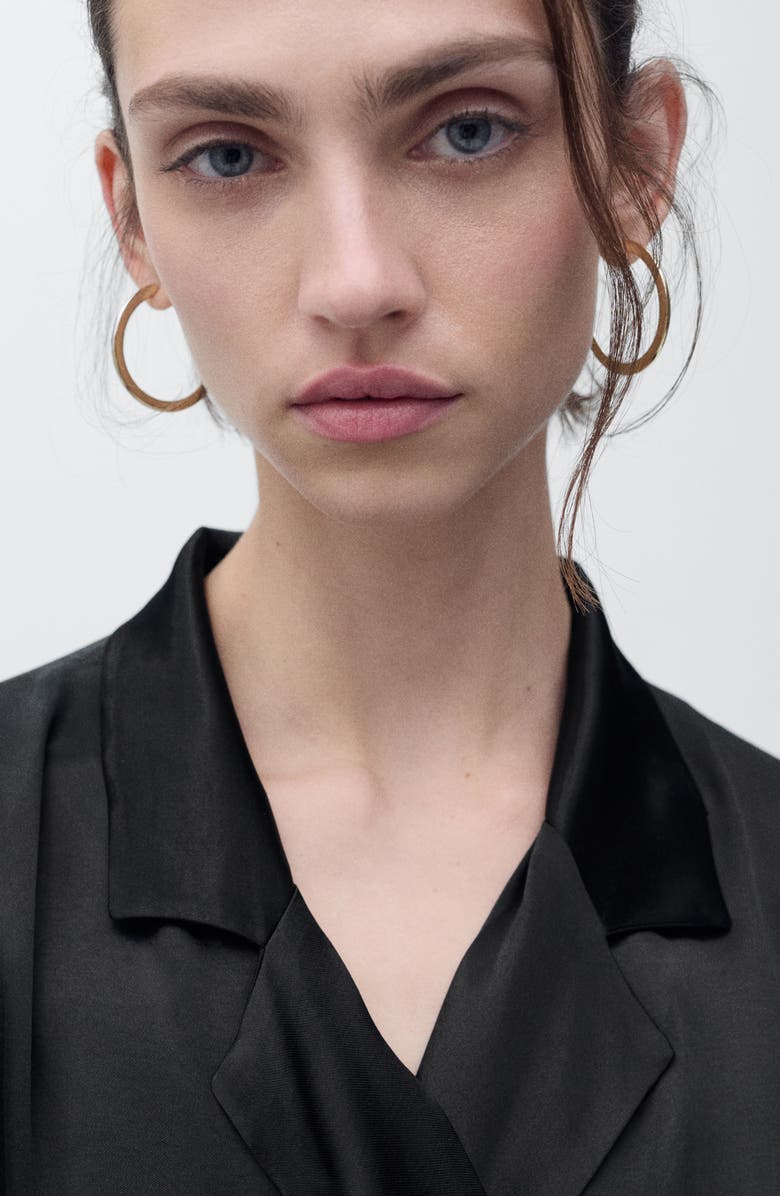 MANGO Long Sleeve Satin Wrap Midi Shirtdress, Alternate, color, Black