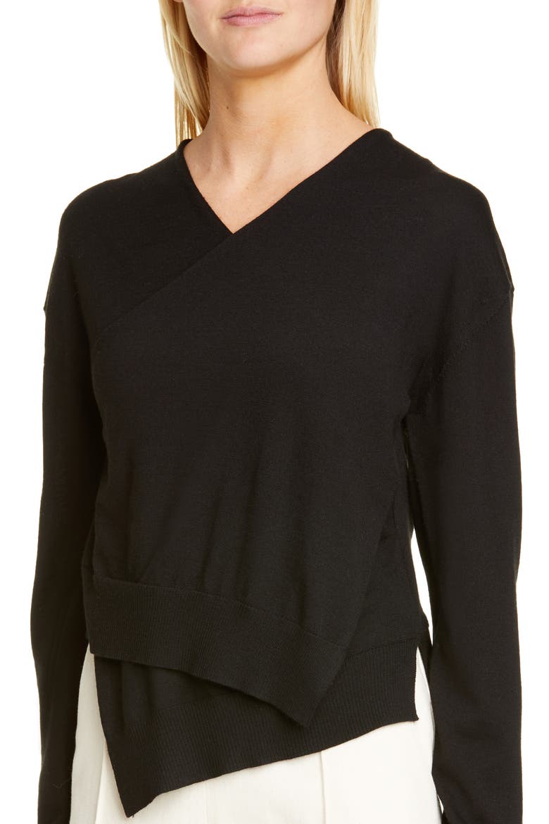 Wrap Front Merino Wool Sweater, Alternate, color, BLACK