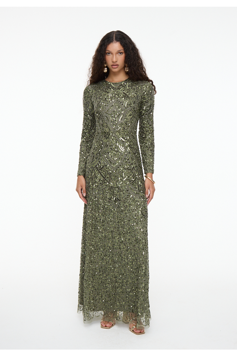 Modest Embellished Sequin Beaded Maxi Dress, Main, color, OLIVE