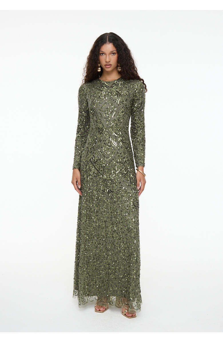 MARYISA Modest Embellished Sequin Beaded Maxi Dress, Main, color, Olive