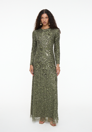 MARYISA Modest Embellished Sequin Beaded Maxi Dress