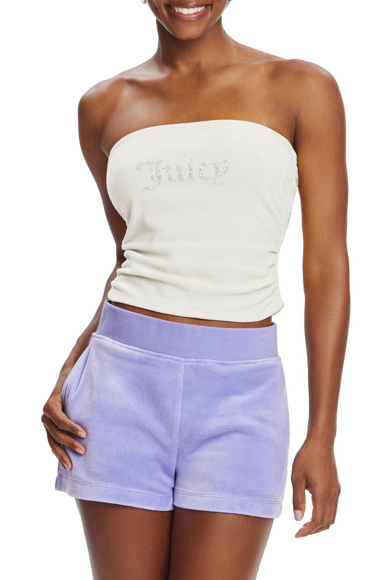 Rhinestone Logo Ruched Tube Top, Main, color, CREAM SODA