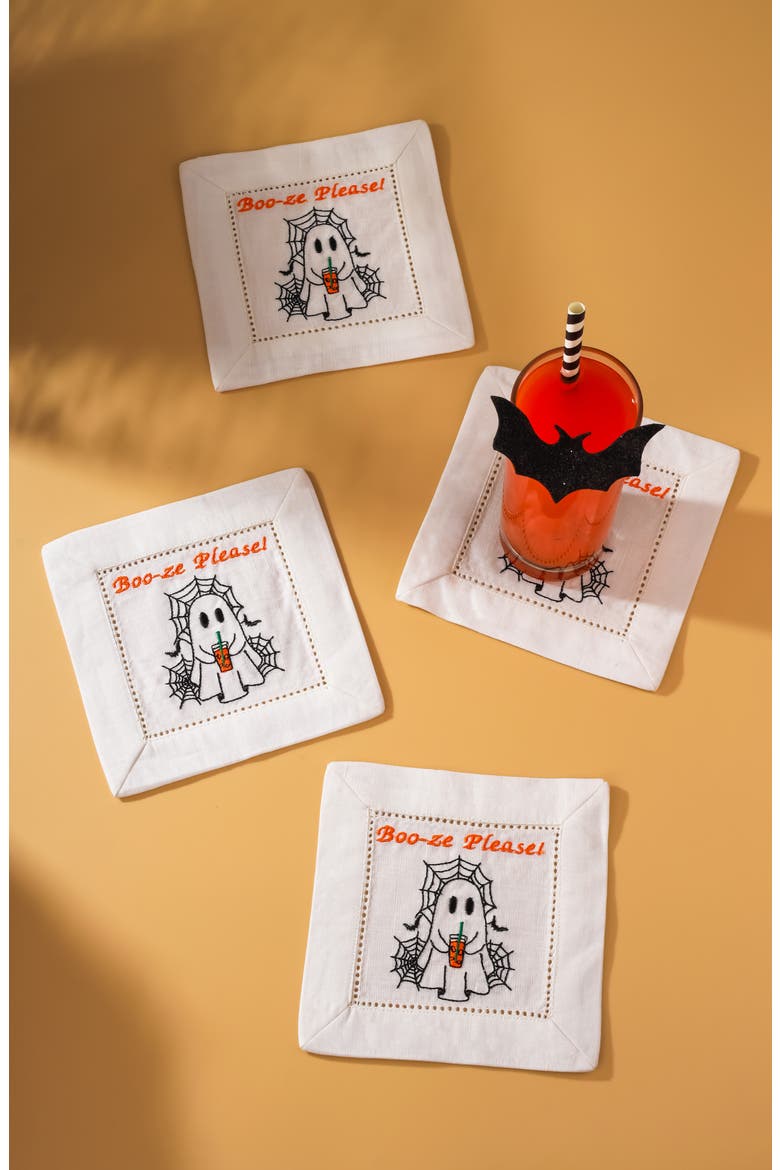 Boo-Ze Please Embroidered Linen Cocktail Napkins, Alternate, color, WHITE/ BLACK/ ORANGE