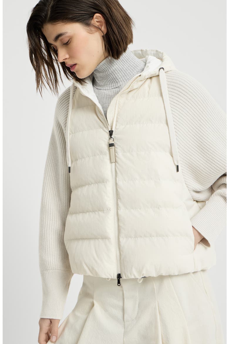 Water-resistant matte nylon hooded down jacket with knit sleeves and monili, Alternate, color, White