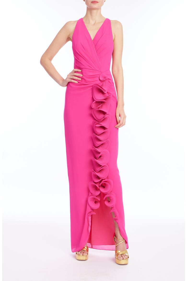 Wire Ruffle Detail Column Gown, Main, color, MAGENTA