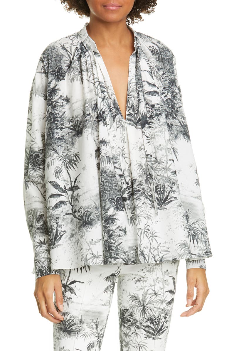 Adam Lippes Palm Print Cotton & Silk Voile Top, Main, color,