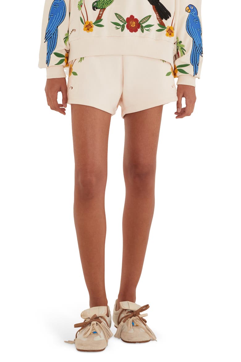 Coconut Trees Come To Rio Eyelet Fleece Shorts, Main, color, OFF-WHITE