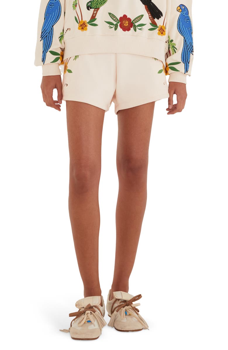 FARM Rio Coconut Trees Come To Rio Eyelet Fleece Shorts, Main, color, Off-White