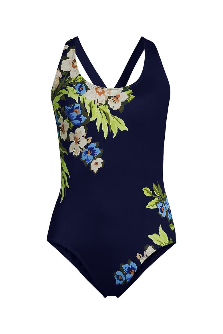 Plus Size Tugless X-Back One Piece Swimsuit, Alternate, color, Deep Sea/Blue Floral Tropic