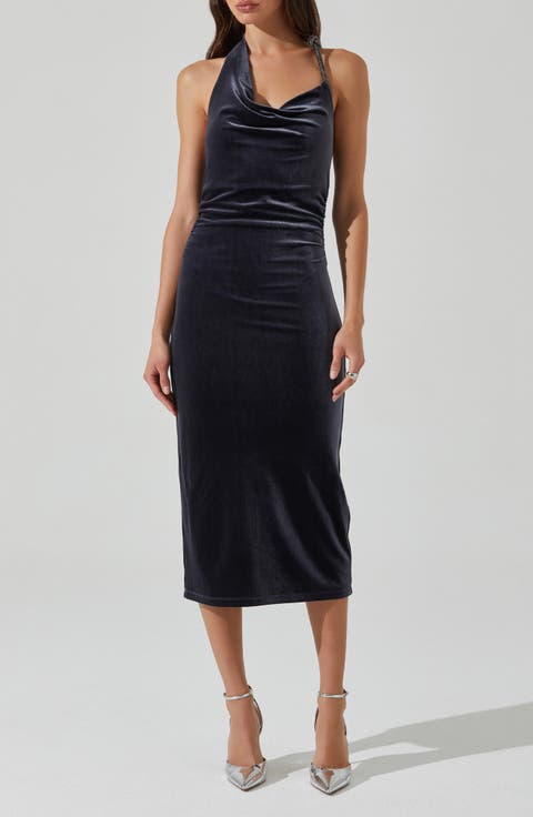 Eugenie Embellished Velvet Cowl Neck Halter Midi Dress