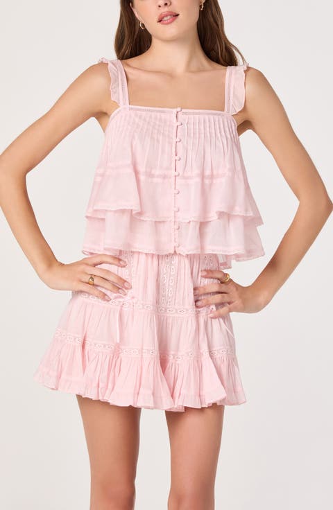 Delia Pleated Lace Inset Tiered Babydoll Top