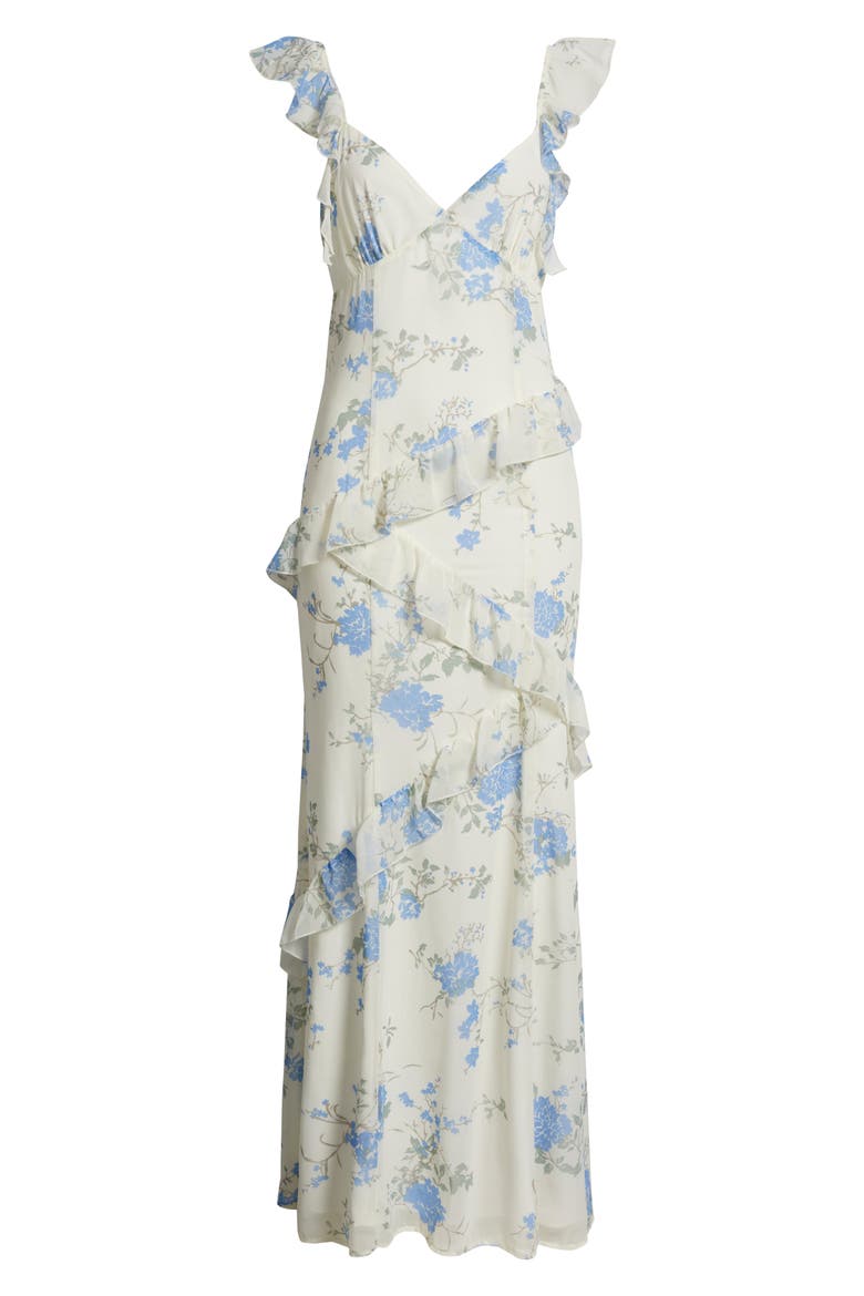 Asymmetric Ruffle Tiered Maxi Dress, Alternate, color, IVORY- BLUE BETHANY FLORAL