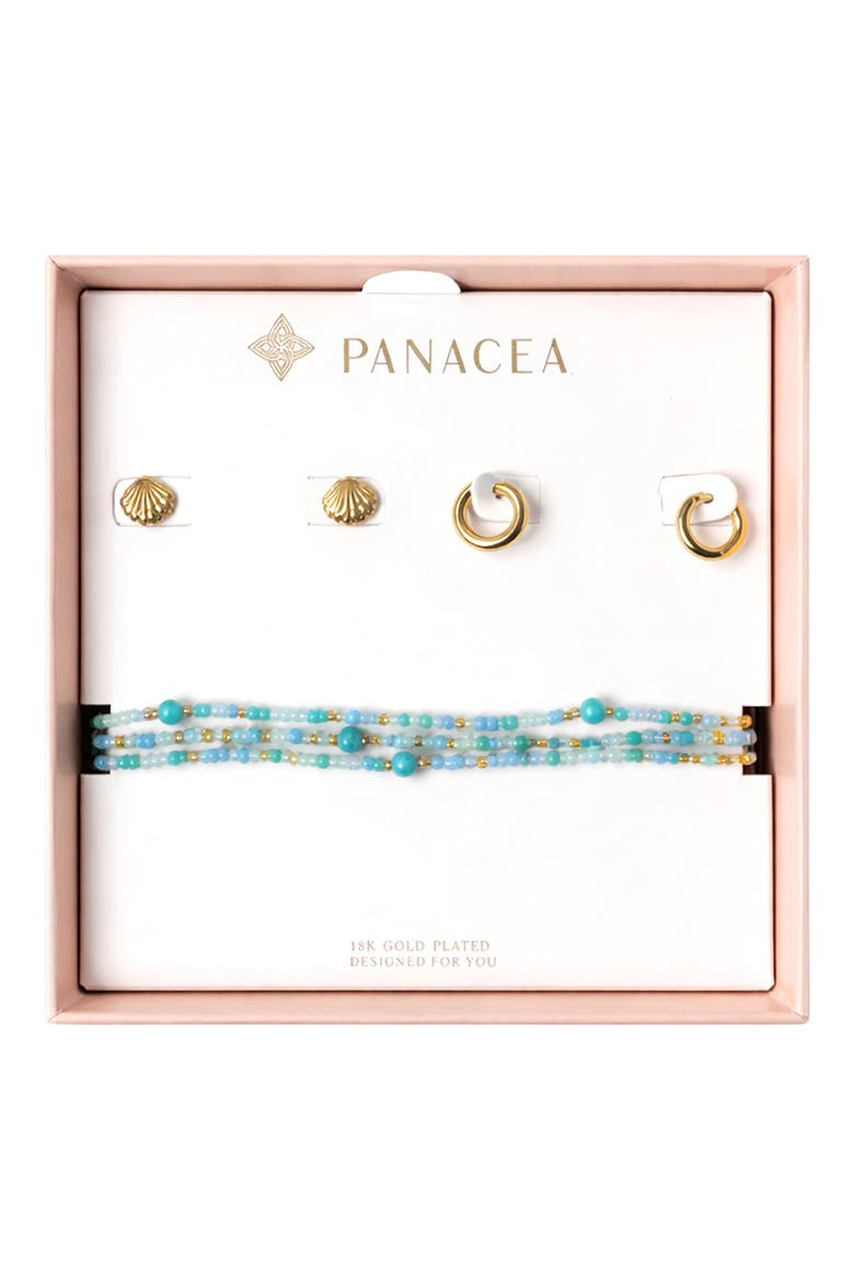 Shell Stud, Huggie Hoop Earrings & Beaded Stretch Bracelets Set, Main, color, TURQUOISE
