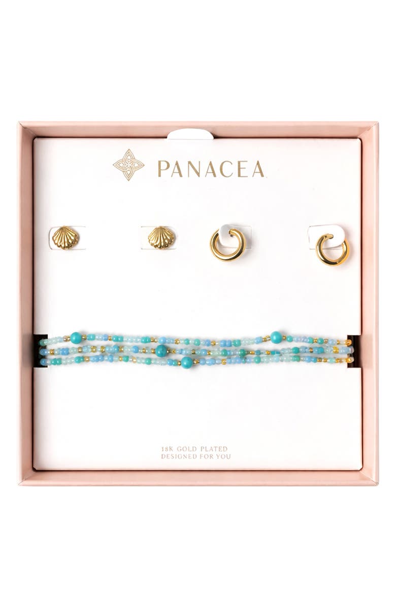 Panacea Shell Stud, Huggie Hoop Earrings & Beaded Stretch Bracelets Set, Main, color, Turquoise