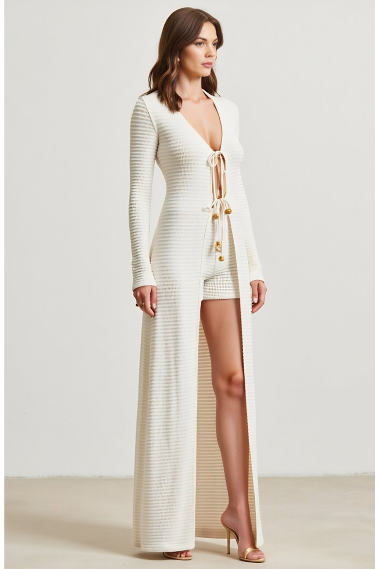 Ribbed Knit Longline Cardigan and Matching Shorts Vacation Set, Alternate, color, Ivory
