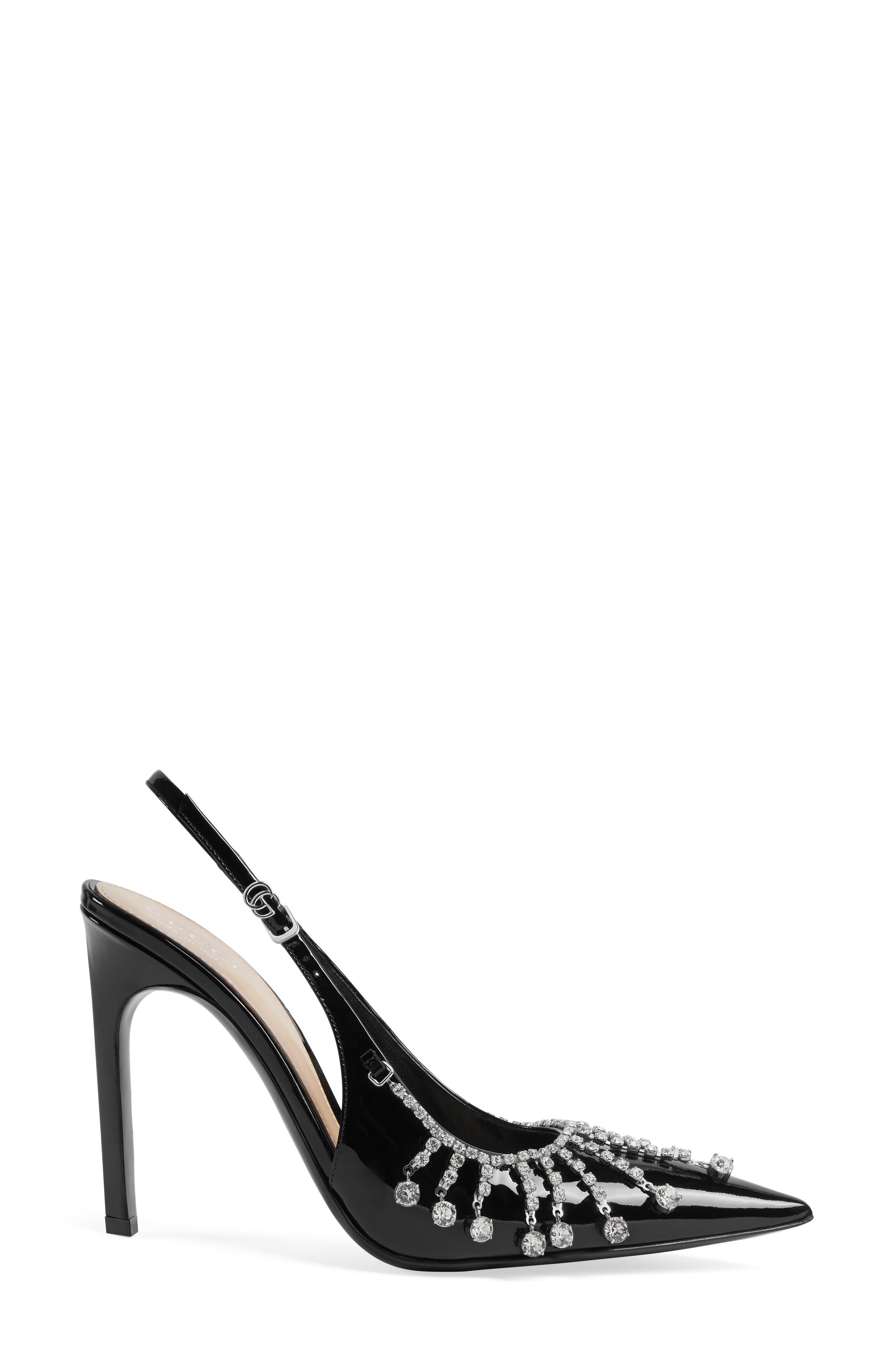 Gucci Guinevere Crystal Chain Pointe Toe Slingback Pump, Alternate, color, Nero