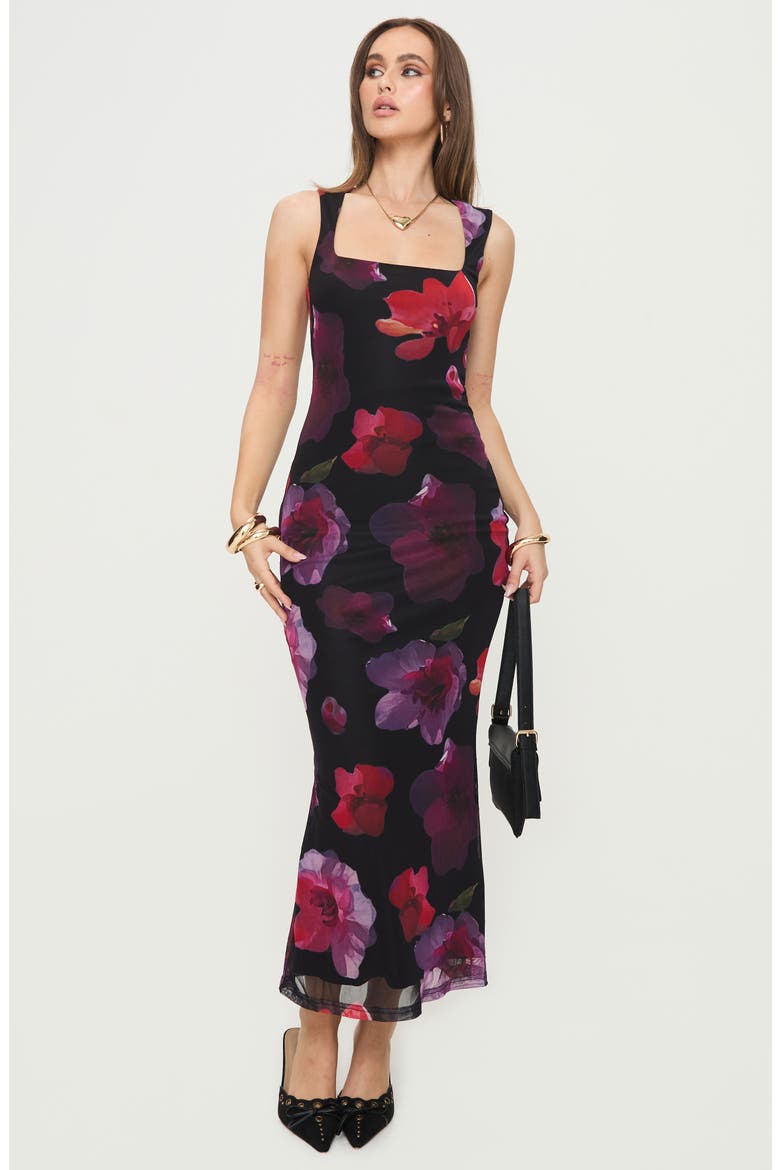 Eviana Floral Mesh Maxi Dress, Alternate, color, BLACK