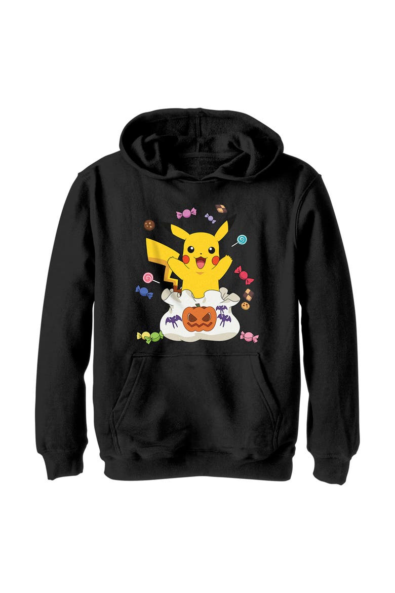 Boy's Pokemon Halloween Pikachu Candy Bag  Pull Over Hoodie, Main, color, Black