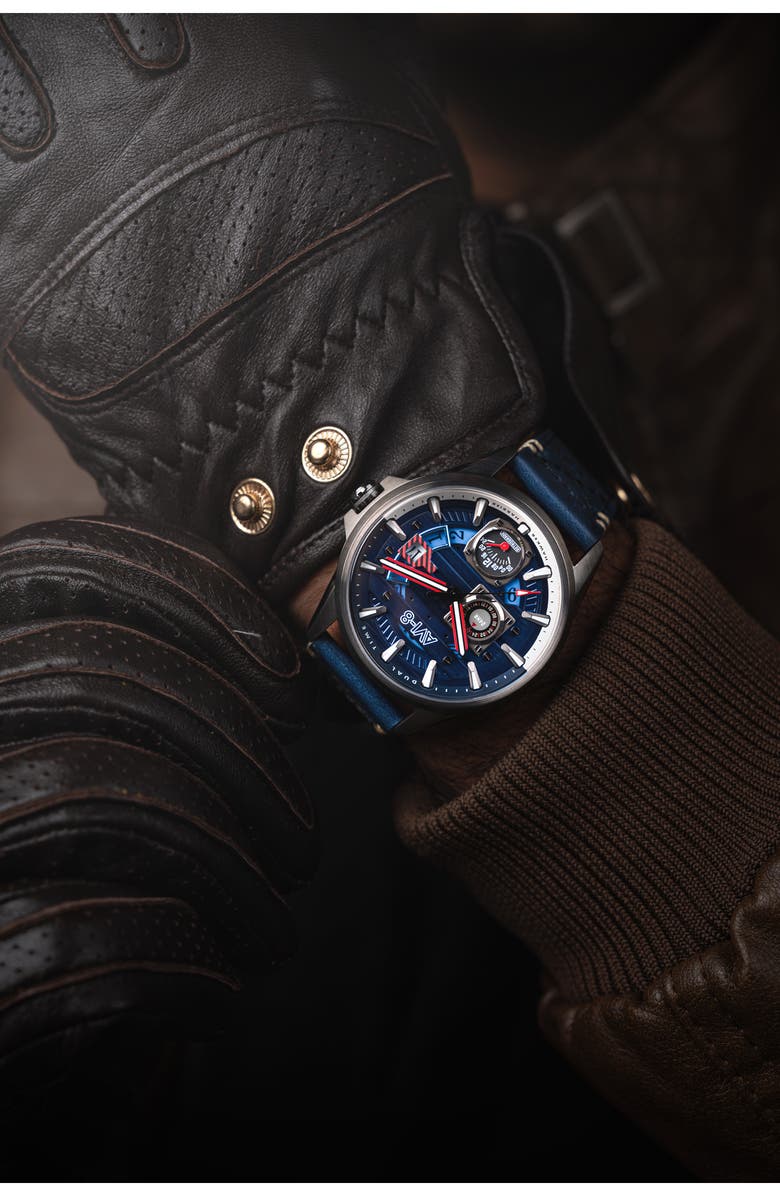 AVI-8 Hawker Harrier Farley Leather Strap Watch, 44mm, Alternate, color, Blue