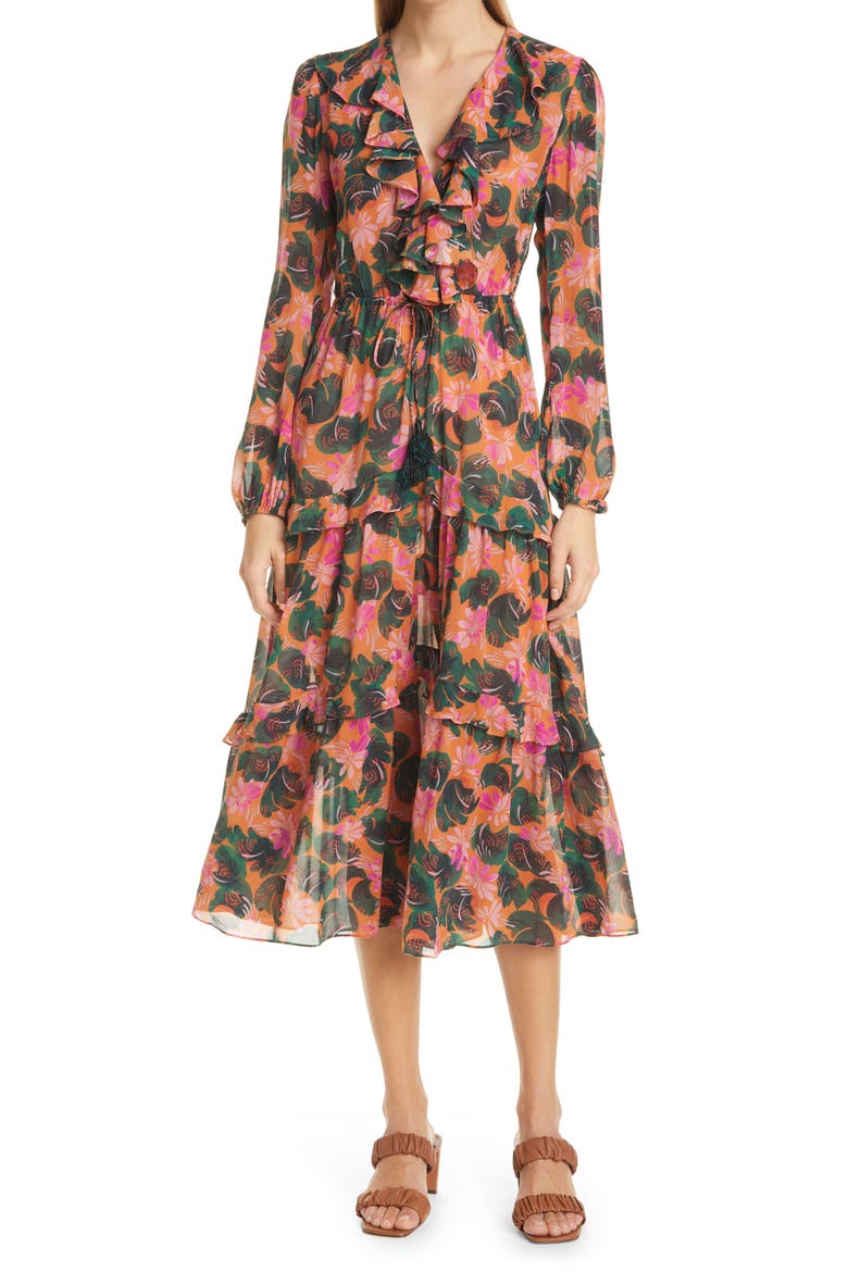 Yara Floral Long Sleeve Midi Dress, Main, color, ORANGE LILYPAD