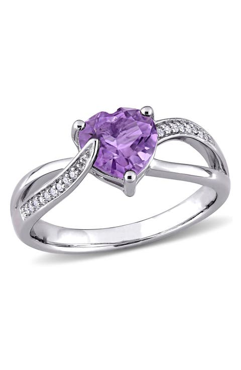 Sterling Silver Amethyst & Diamond Heart Twist Ring