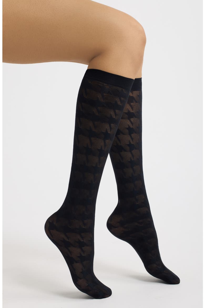 Bold Houndstooth Knee High Tights, Main, color, BLACK
