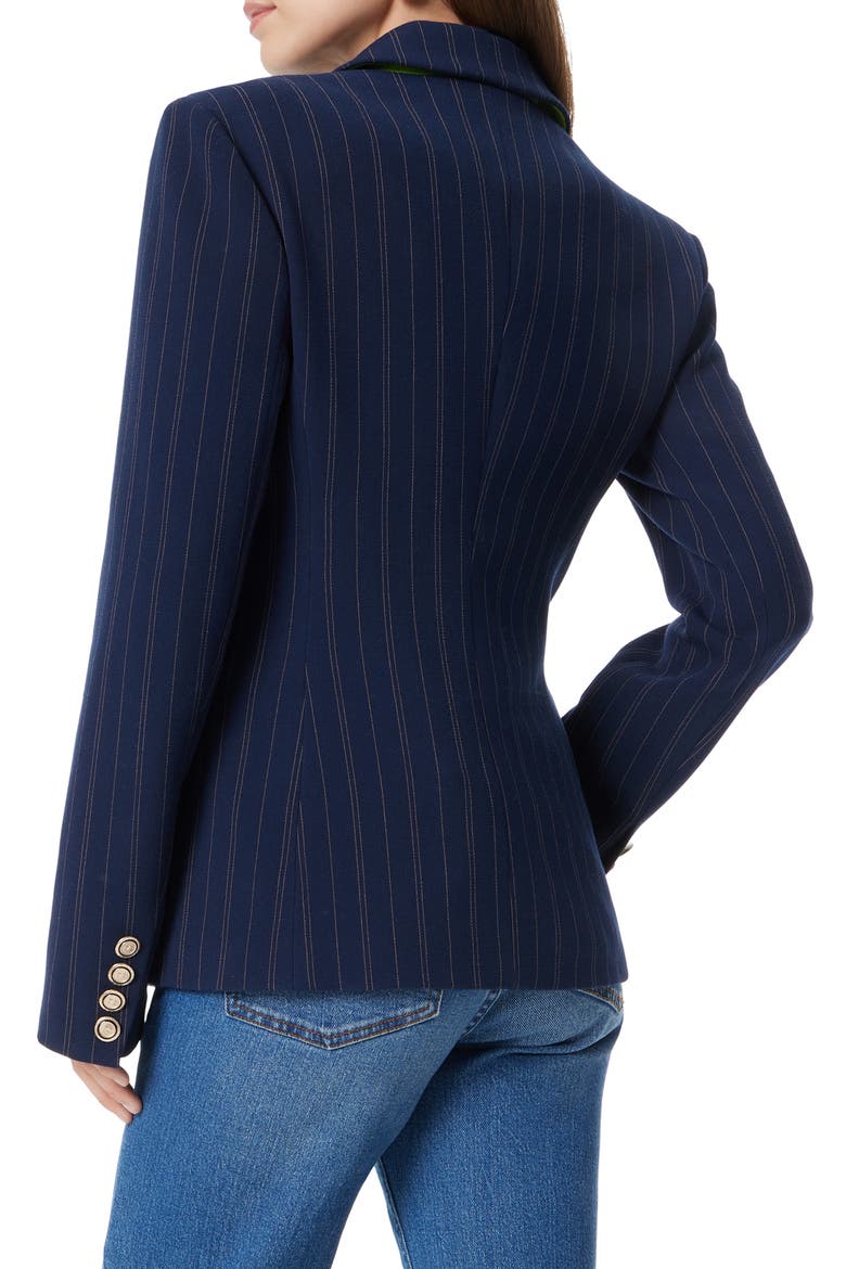 Aliya Pinstripe Cinch Waist Blazer, Alternate, color, NAVY STAGGERED STRIPE
