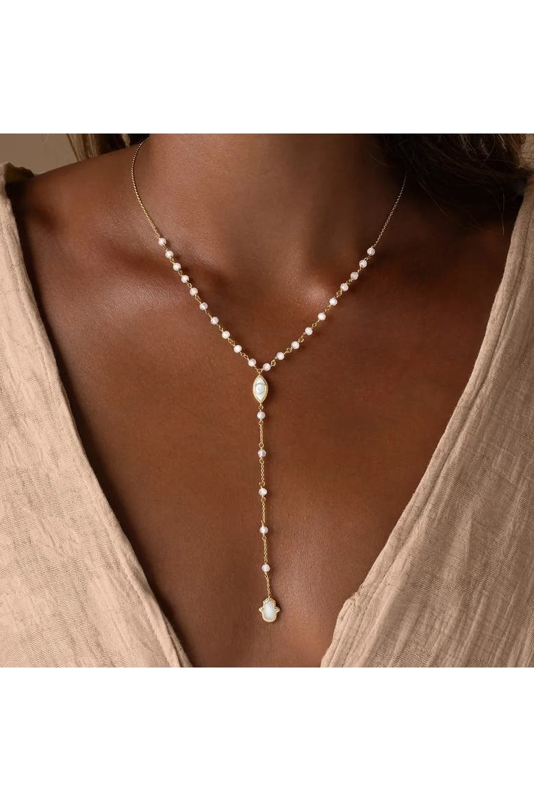 Fresh Ambition Moonstone Evil Eye & Hamsa Gold Necklace, Alternate, color, Gold/White