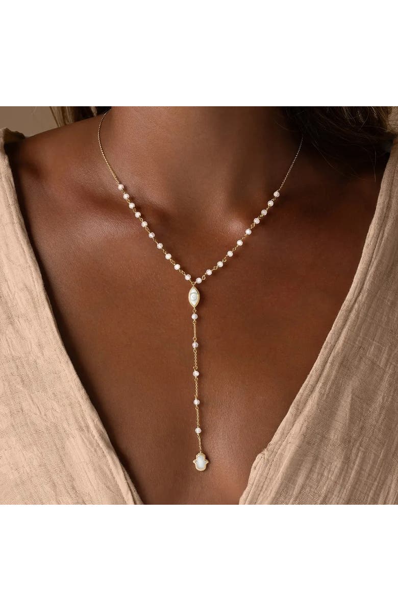Karma and Luck Fresh Ambition Moonstone Evil Eye & Hamsa Gold Necklace, Alternate, color, Gold/White