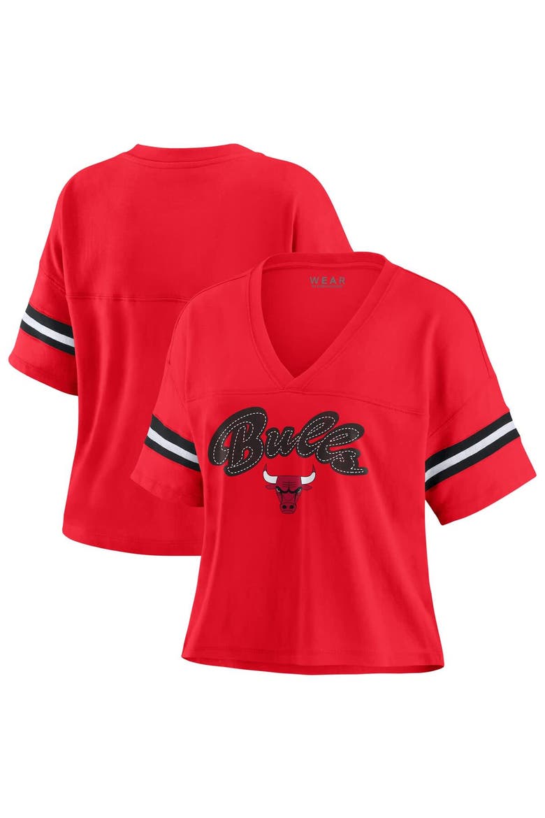 Women's WEAR by Erin Andrews Red Chicago Bulls Plus Size Color Block Boxy V-Neck T-Shirt, Main, color, Red