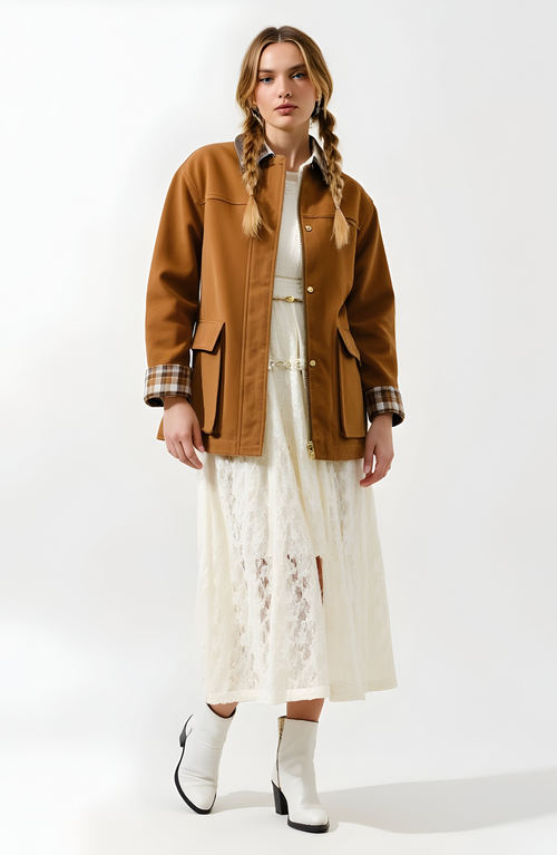 Modenaire Long Utility Jacket With Plaid Lining, Buckle Cuffs And Flap Pockets In Brown