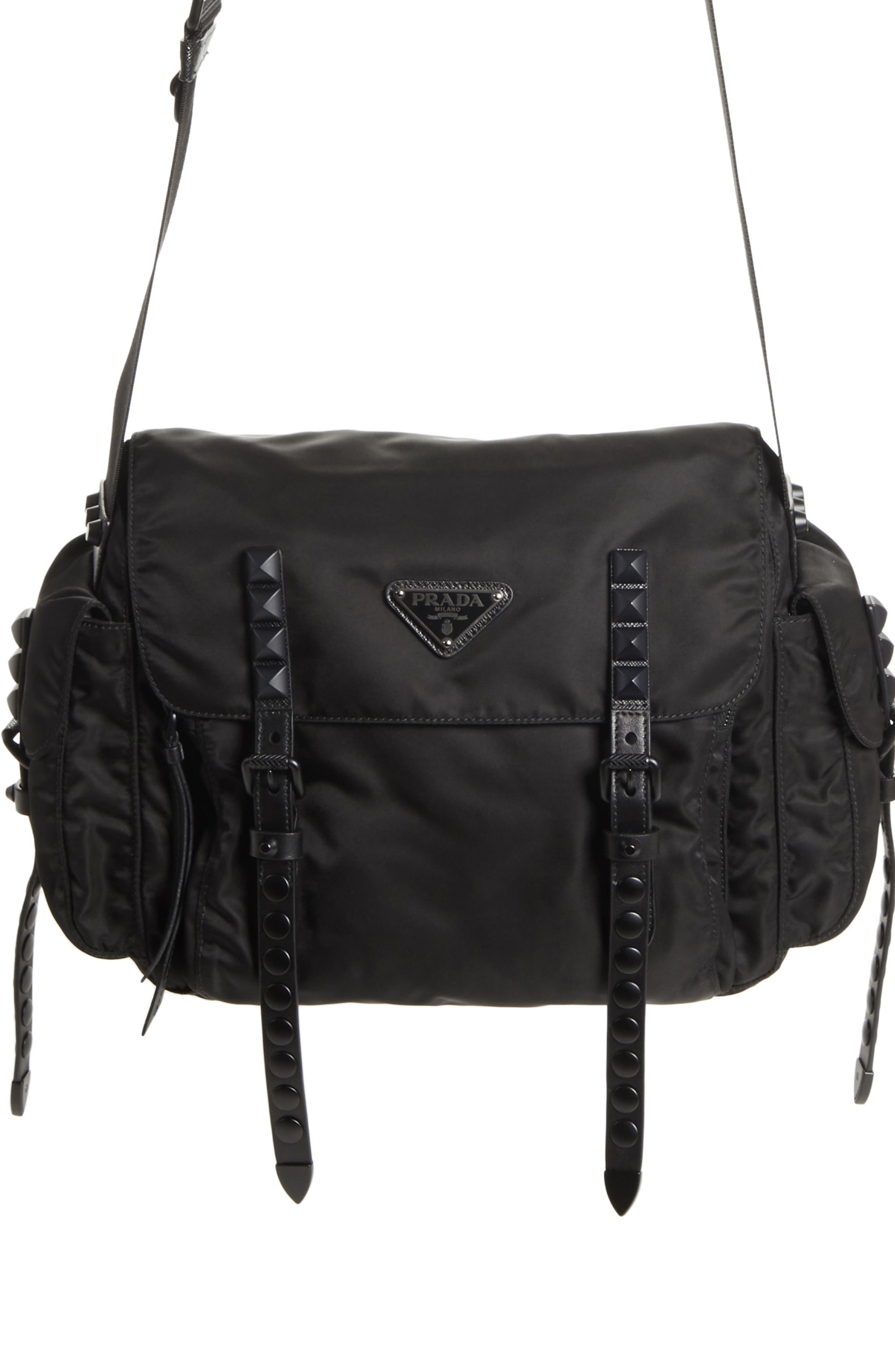 Prada Studded Nylon Messenger Bag, Main, color, 