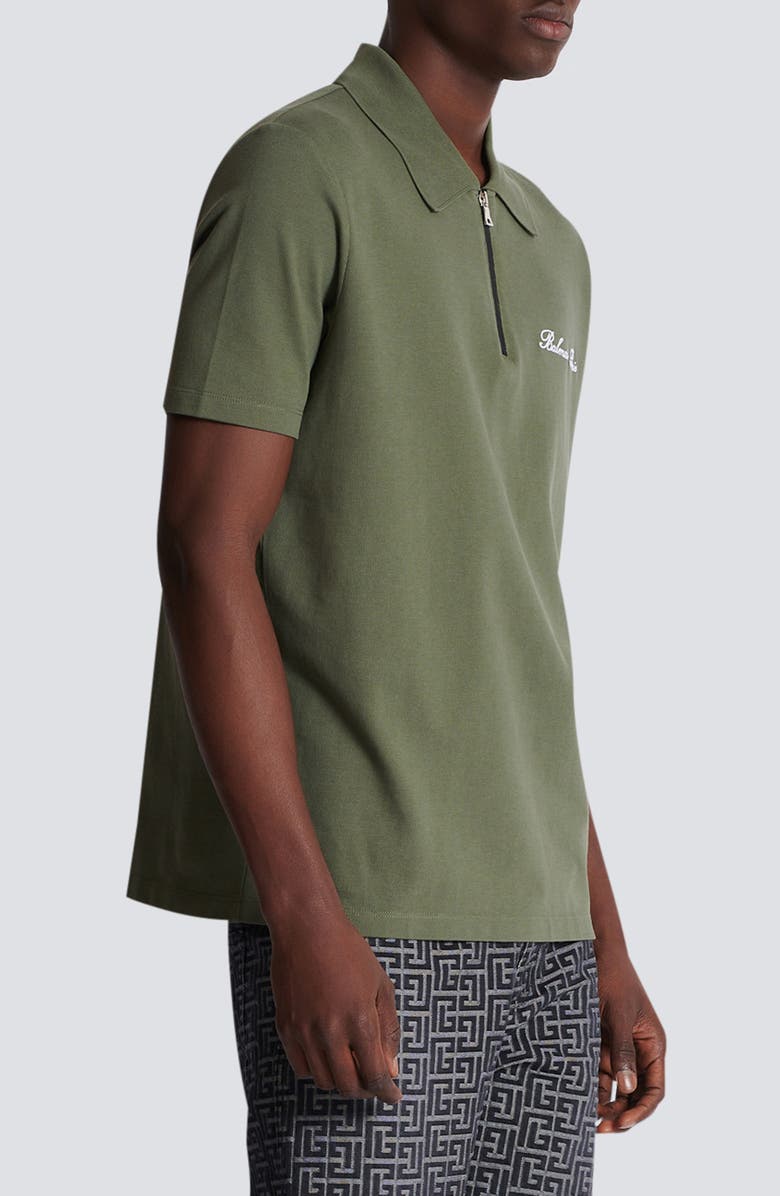 Balmain Signature Embroidered Cotton Piqué Zip Polo, Alternate, color, 