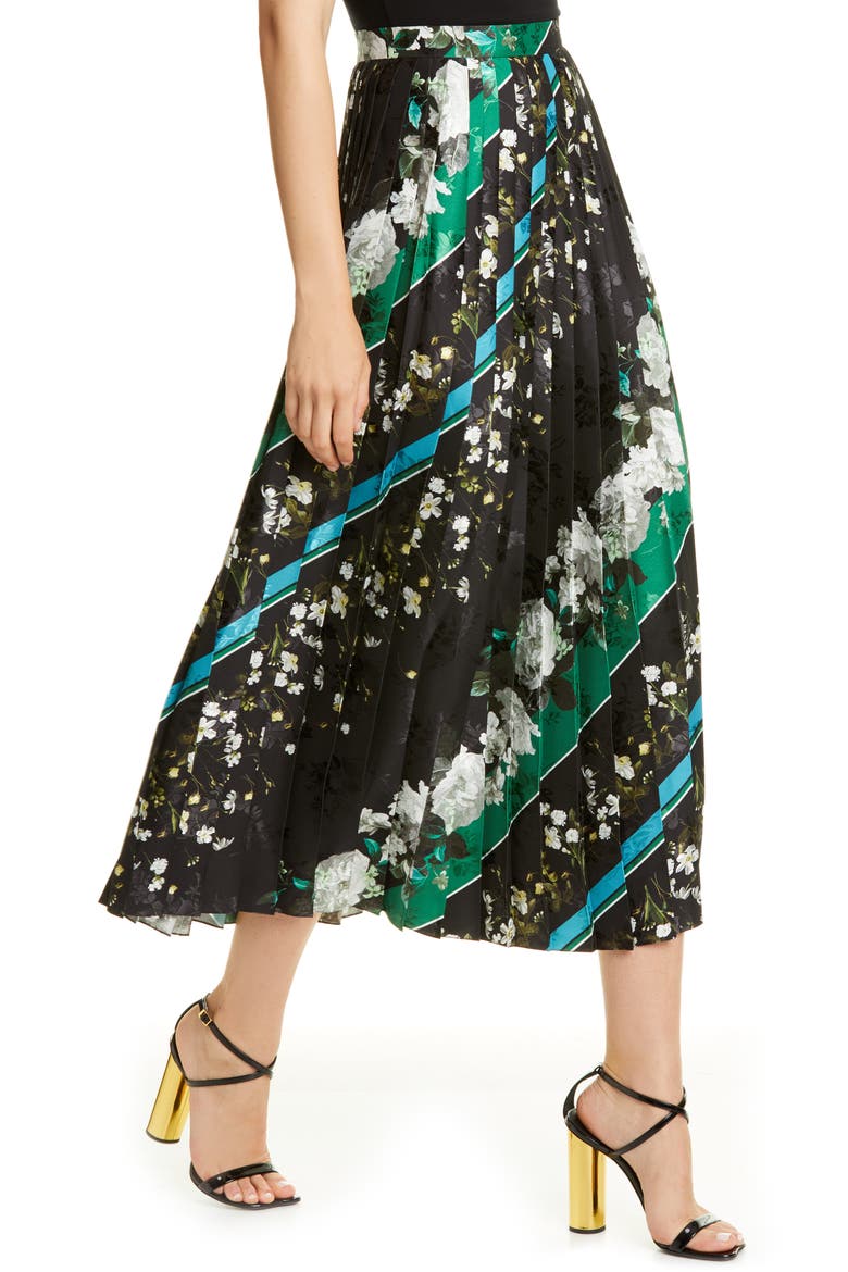 Floral Stripe Pleated Midi Skirt, Alternate, color, BLACK / WHITE