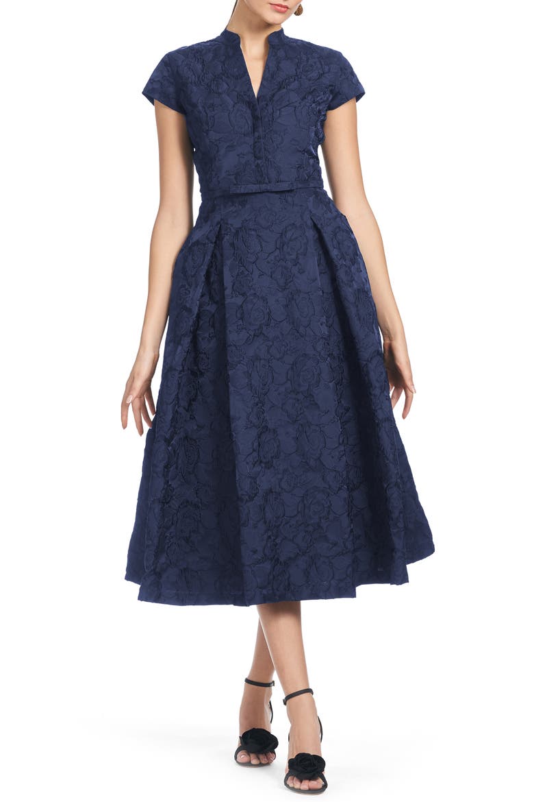 Hanna Floral Cloqué Cocktail Midi Dress, Main, color, WASHED INDIGO