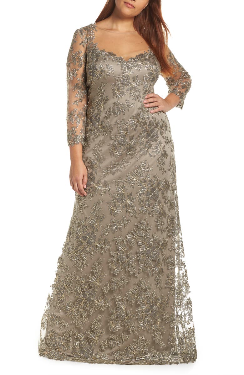 Tadashi Shoji Corded Embroidered Lace Gown, Alternate, color,